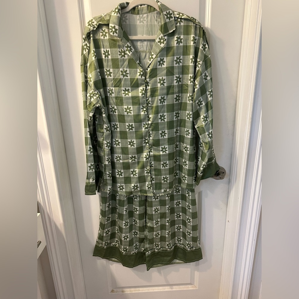 Free People Style Green Plaid Floral Check Long Sleeve Dress